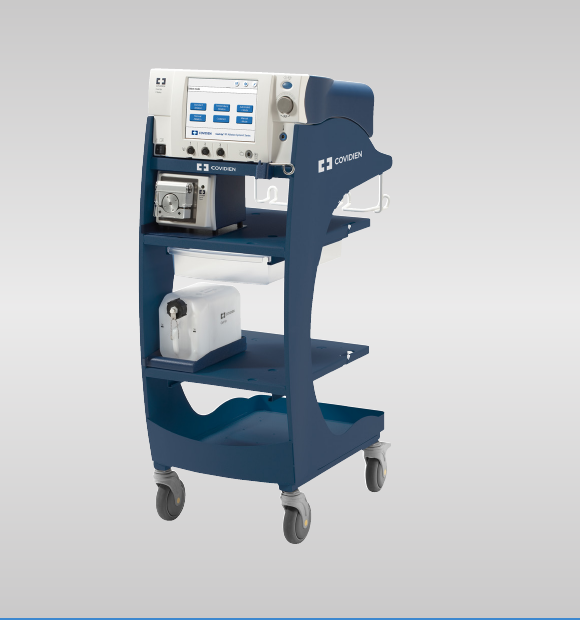 Medtronic Cool-tip RF Ablation System E Series on its mobile cart, with generator, pump and accessory storage