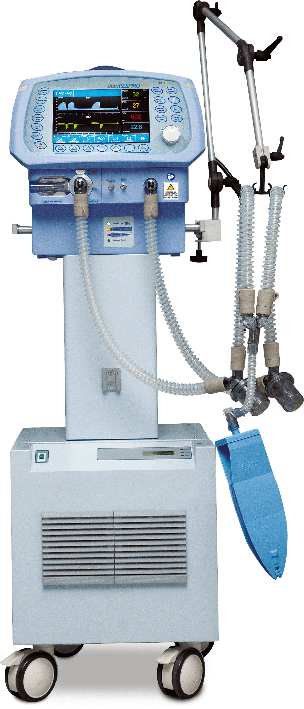 Skanray SkanRespiro Plus ventilator shown with Pranaa air compressor accessory