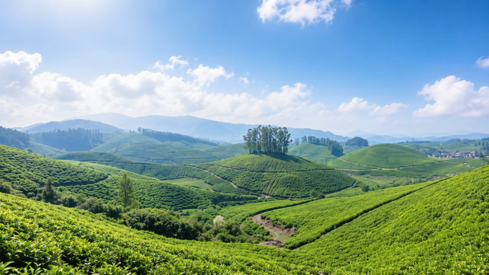 Panoramic view of Lockhart Gap surrounded by tea plantations and mountains in Munnar, Kerala