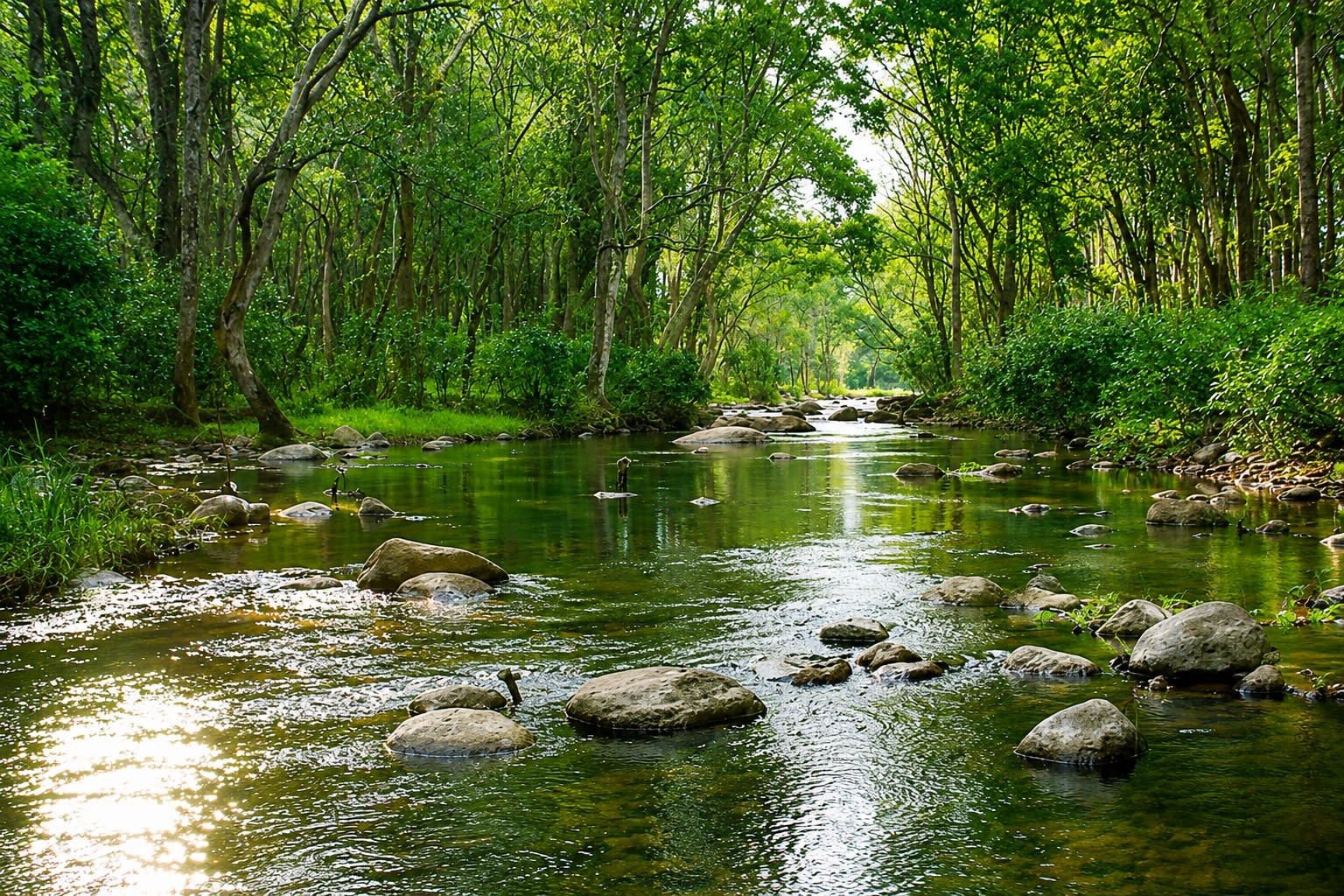 Stream flowing through the lush forest of Chinnar Wildlife Sanctuary near Munnar, Kerala