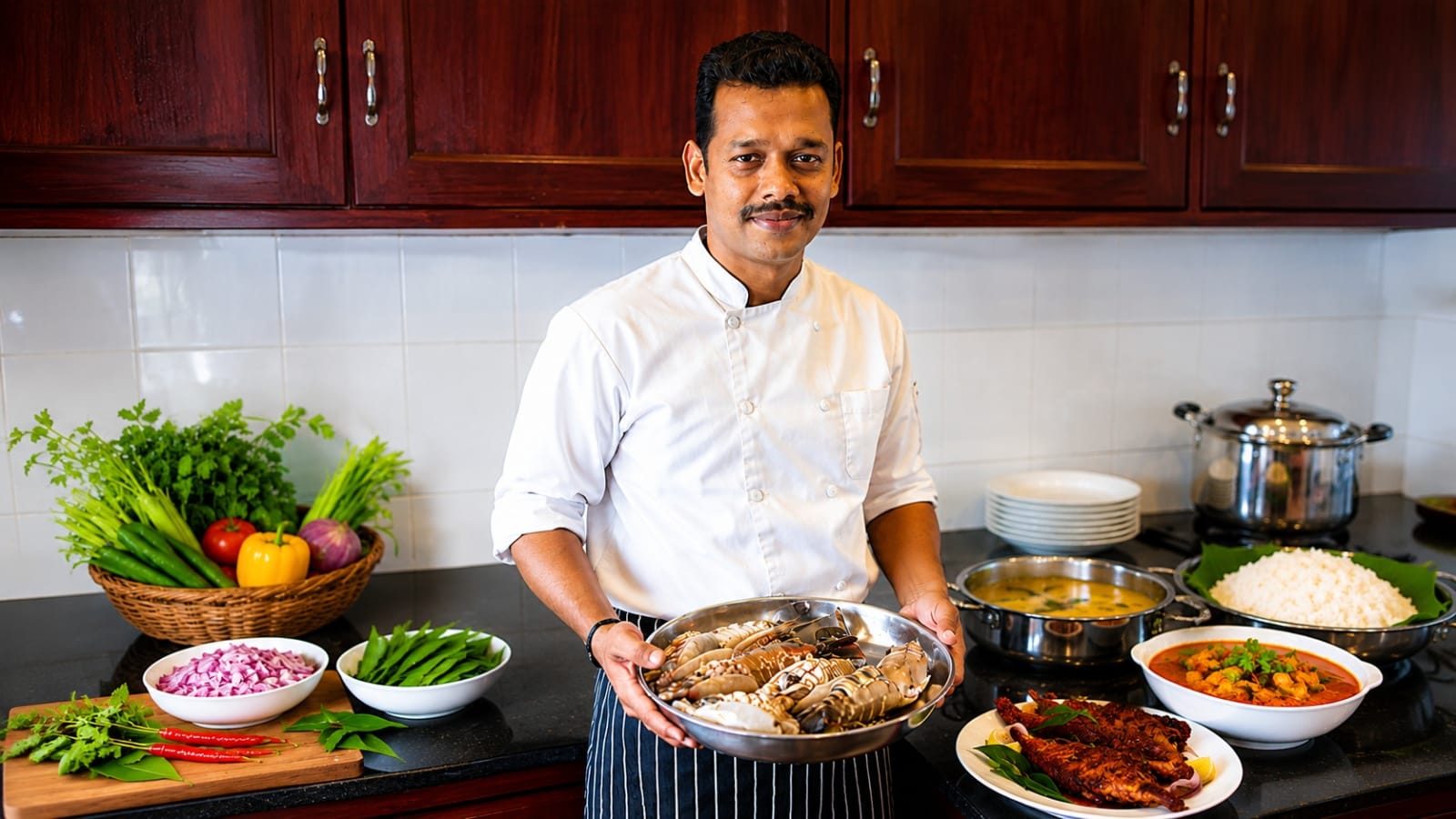 Kerala houseboat cook preparing traditional meal on board — Alleppey backwaters