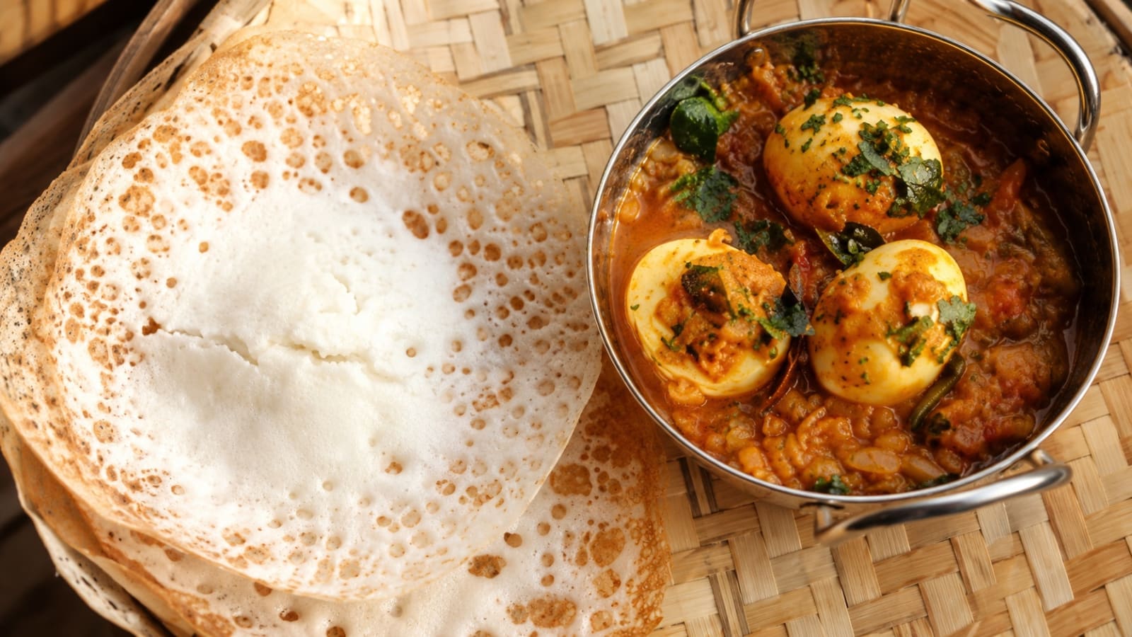 Kerala houseboat breakfast — appam with vegetable stew served on board in Alleppey