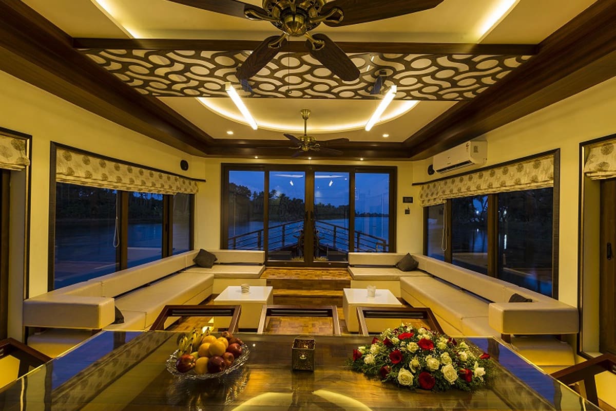 Luxury houseboat living area in Alleppey Kerala