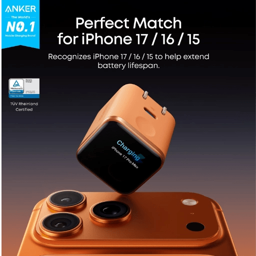 Anker Nano Charger paired with iPhone 17 series to showcase compatibility.