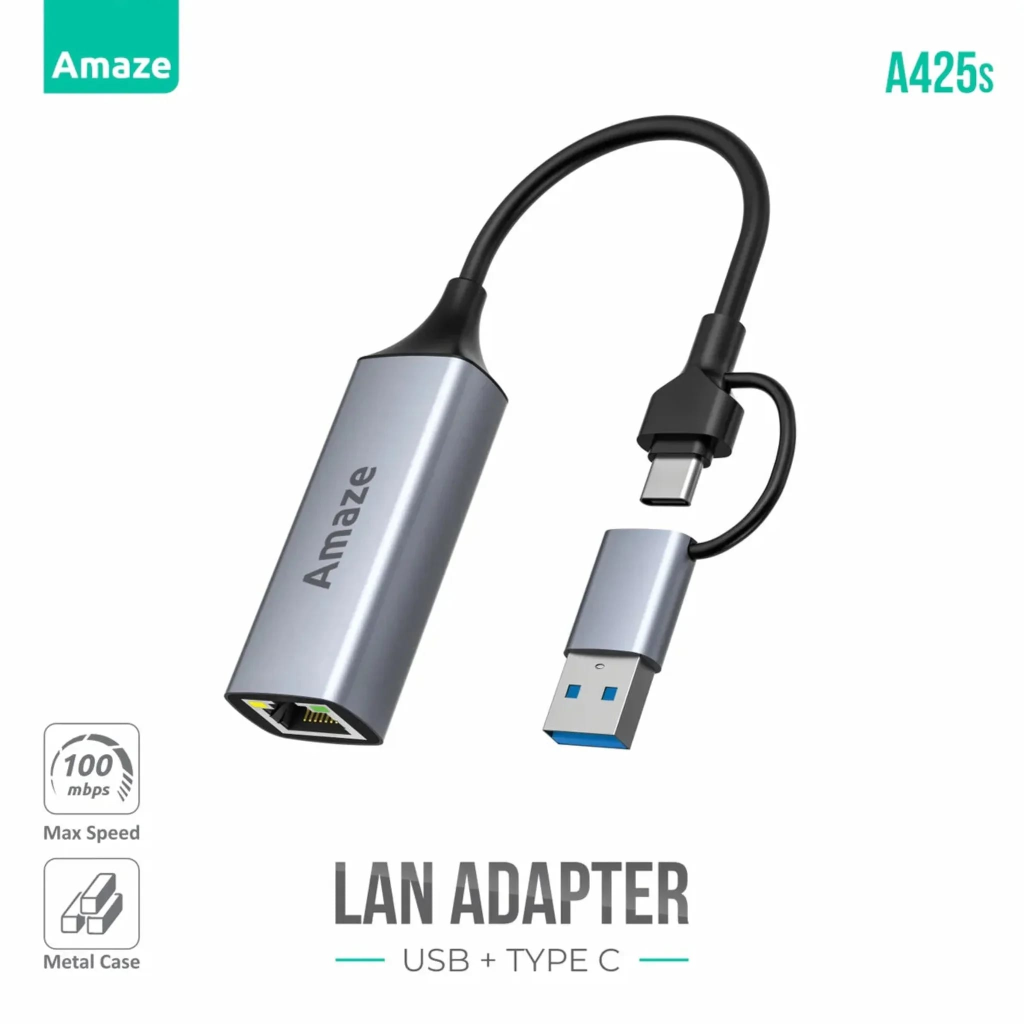 Amaze A425s Aluminum Alloy Type‑C + USB LAN Adapter image at Digital Dukkan