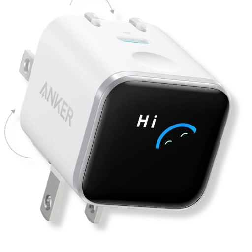 Front view of the Anker Nano Charger showcasing the device with the smart display.