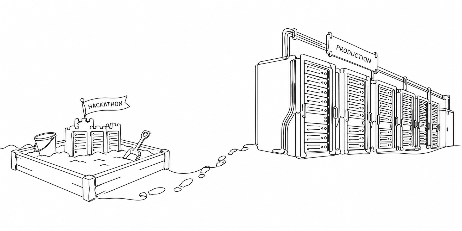 Footprints lead from a Hackathon sandcastle of servers to a row of Production server racks.
