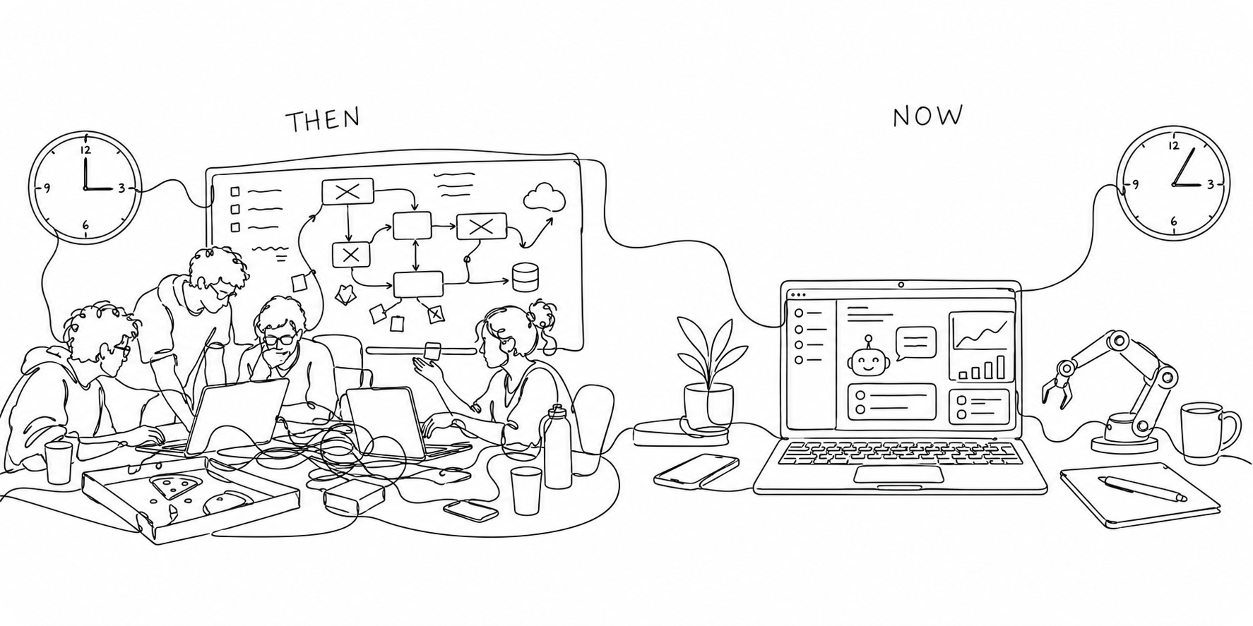 Then and now. A crowded night table of laptops, cables and pizza, beside one tidy laptop and a robot arm.