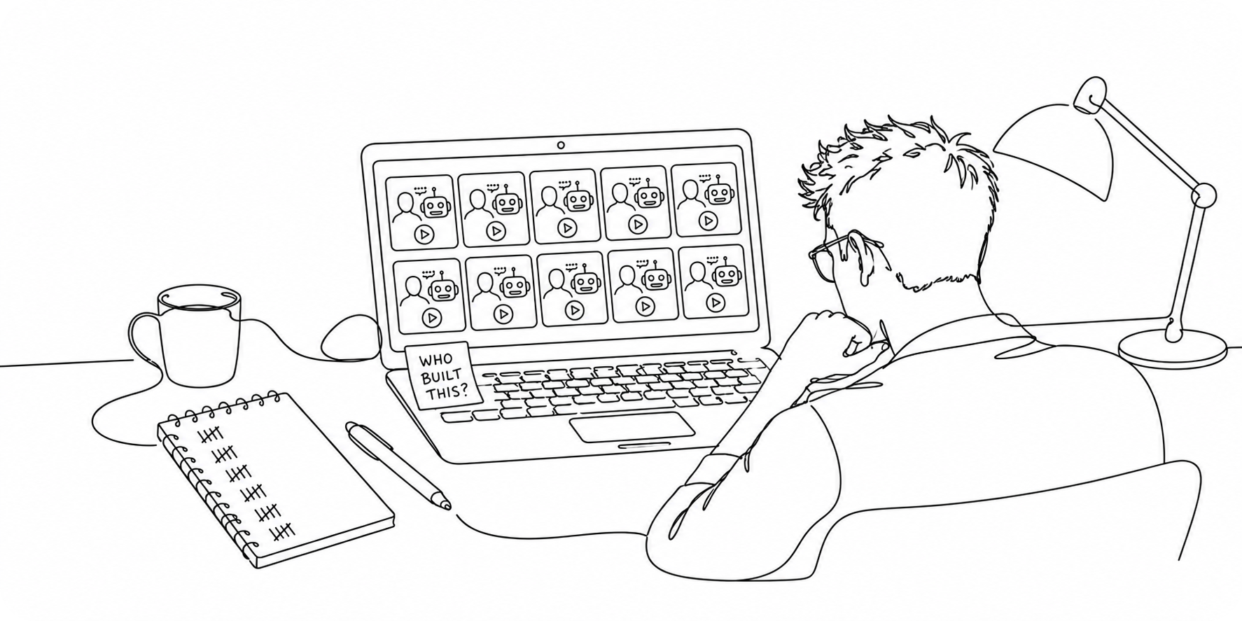 A judge at a desk faces ten near-identical demo videos. A sticky note on the laptop reads Who built this?