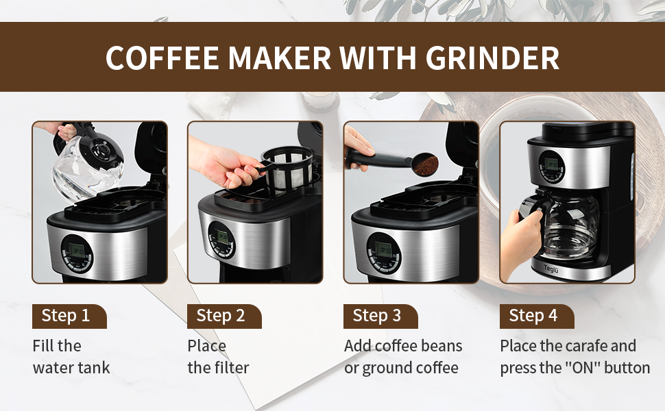 Teglu Coffee Maker with Grinder 12 Cups, Programmable Grind and