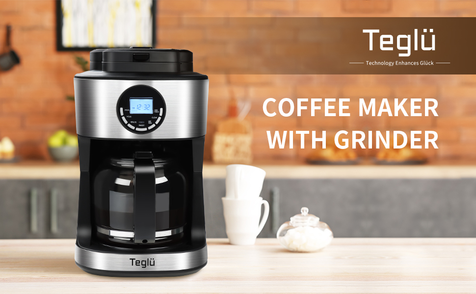 Teglu Coffee Maker with Grinder 12 Cups, Programmable Grind and Brew Coffee  Machine with Warming Plate, Automatic Drip Coffee Pot with 60 oz Glass