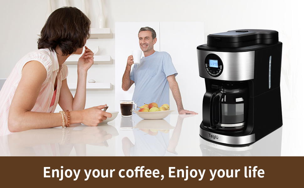 Teglu Coffee Maker with Grinder 12 Cups, Programmable Grind and