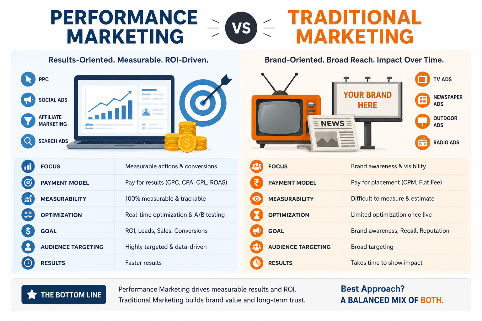 Performance Marketing vs Traditional Marketing comparison infographic showing measurable ROI-driven digital marketing strategies alongside brand-focused traditional advertising methods such as TV, newspaper, radio, and outdoor ads.