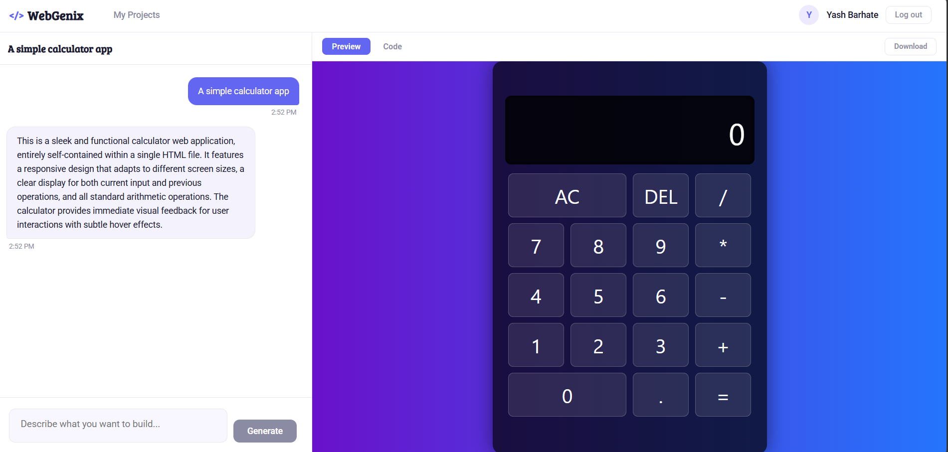 WebGenix Code Generation View