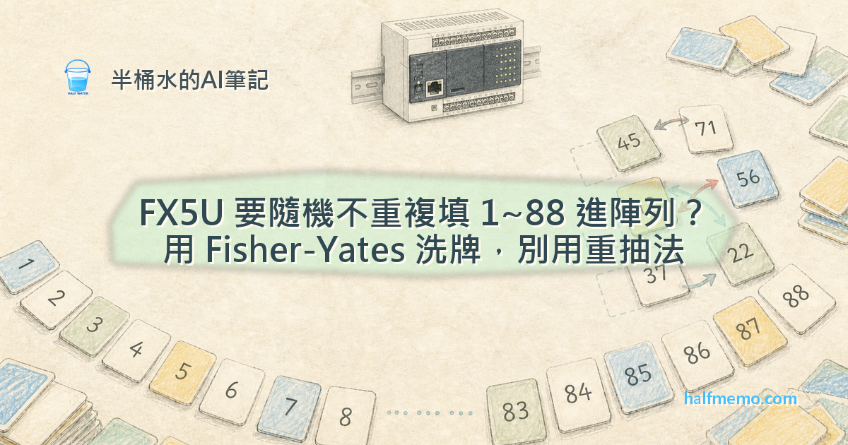 FX5U 要隨機不重複填 1~88 進陣列？用 Fisher-Yates 洗牌，別用重抽法