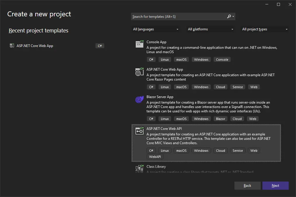 Create a ASP.NET Core Web API Wizard