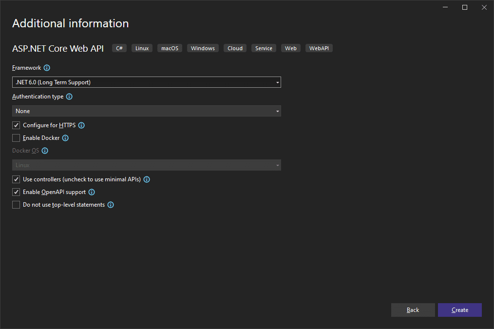 Create a ASP.NET Core Web API Options Selection Screen