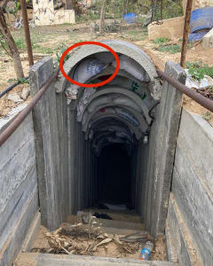 UNRWA bags jammed at a Hamas tunnel entrance
