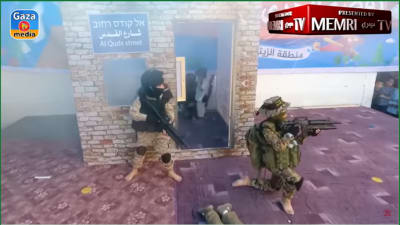 Palestinian children at the Al-Hoda kindergarten perform a play about killing an IDF soldier and taking a civilian hostage on May 13, 2018. Taken from https://www.timesofisrael.com/gaza-preschoolers-stage-mock-killing-of-israeli-solider/ 