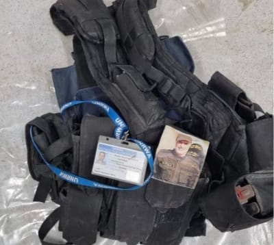 A Hamas terrorist’s fighting vest found in Gaza with the identification tag of UNRWA