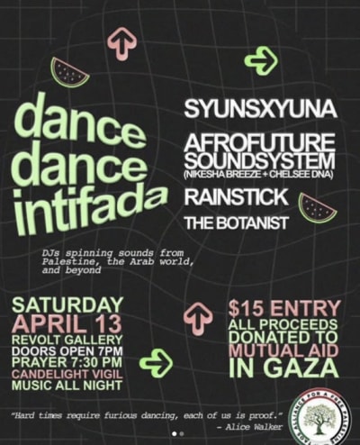 A banner for an event called "dance dance intifada" for raising money for alleged aid in Gaza