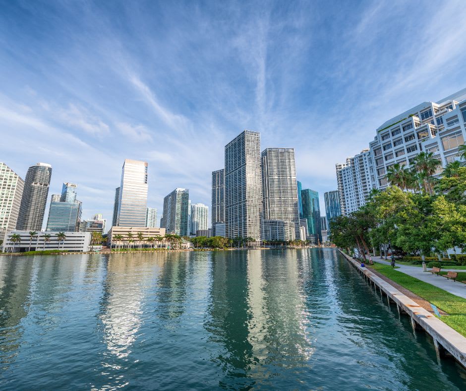 The city skyline of Miami, FL seen during the day time.