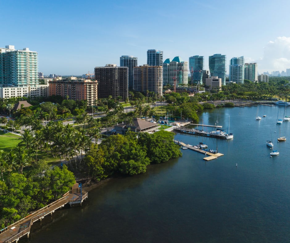 An aerial view of Miami, FL during the day time.