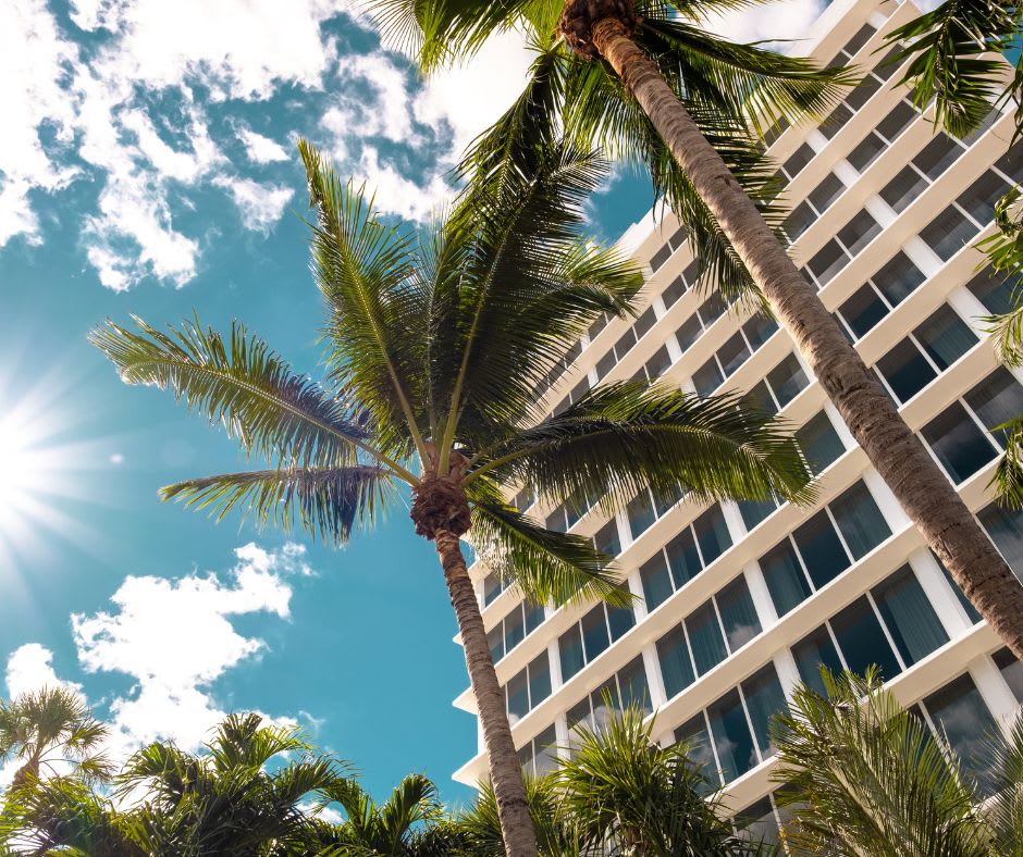 A Miami condo seen surrounded by palm trees during the day time.