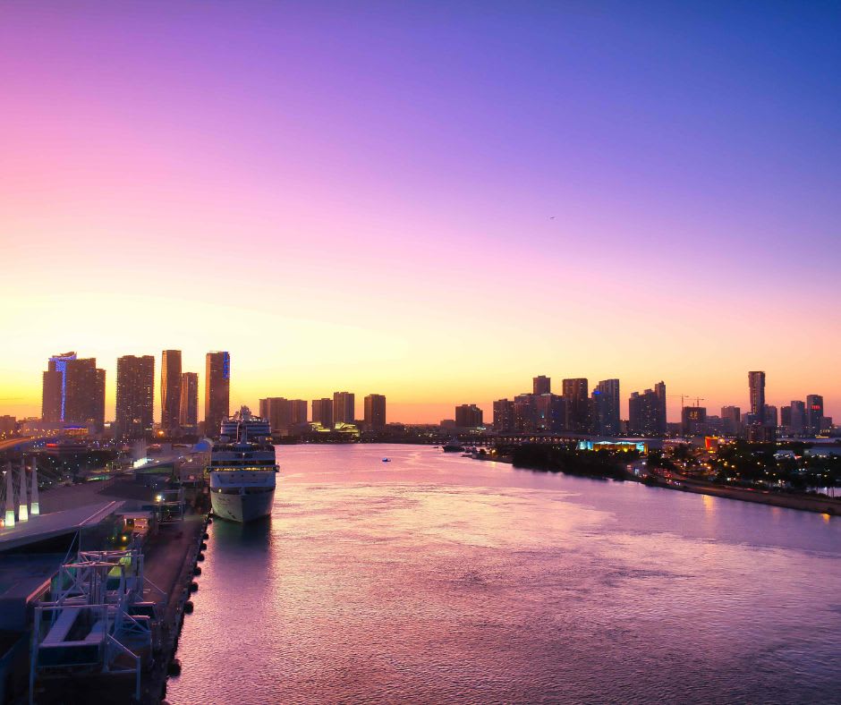 Miami's city skyline during sunset. 