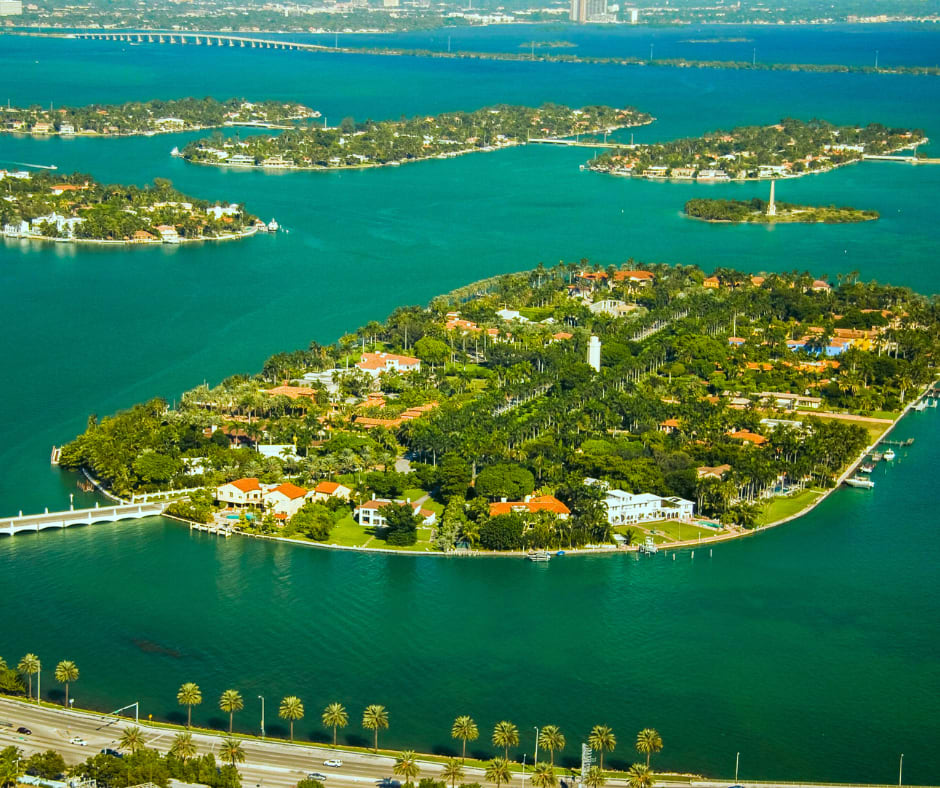 An aerial view of Star Island in Miami, FL during the day time.