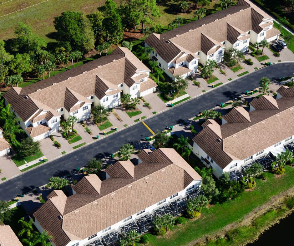 Four Miami townhomes seen from a bird's eye view.