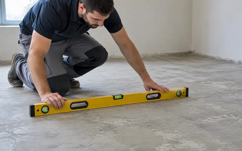 Checking subfloor level before installing vinyl flooring