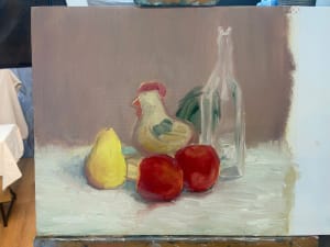 Young girl drew oil painting.