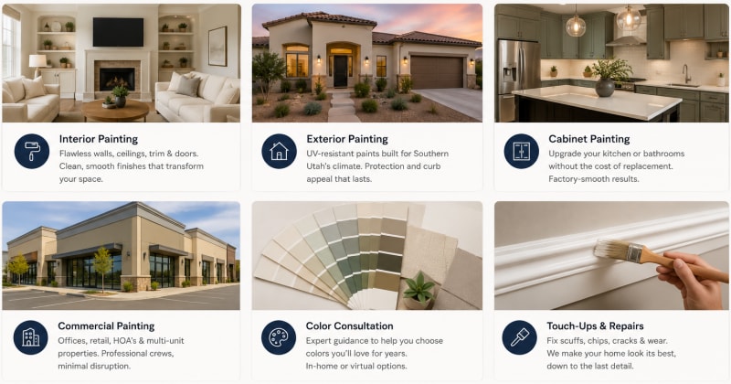 St. George Paint Pros service photos by type: interior, exterior, cabinets, and commercial painting