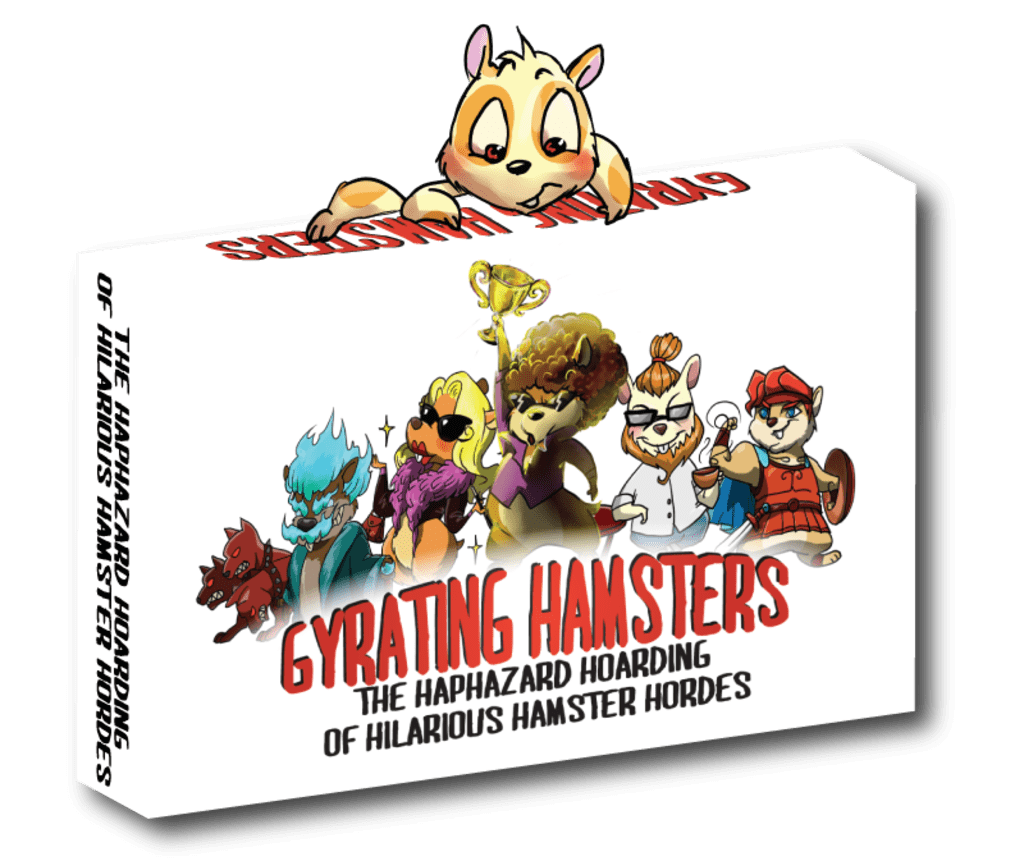 Gyrating Hamsters mascot holding the game box