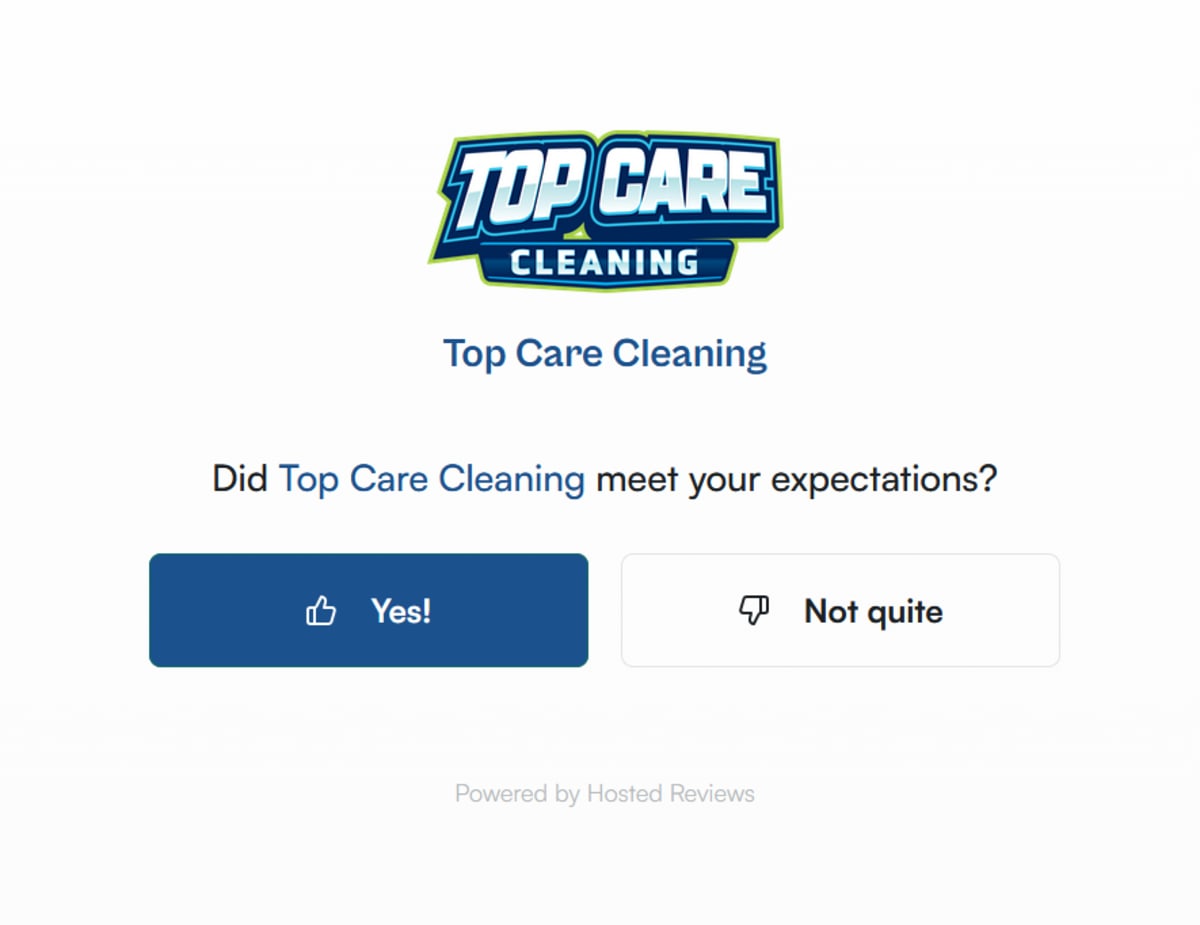 Branded Top Care Cleaning review funnel asking 'Did Top Care Cleaning meet your expectations?' with Yes and Not quite buttons