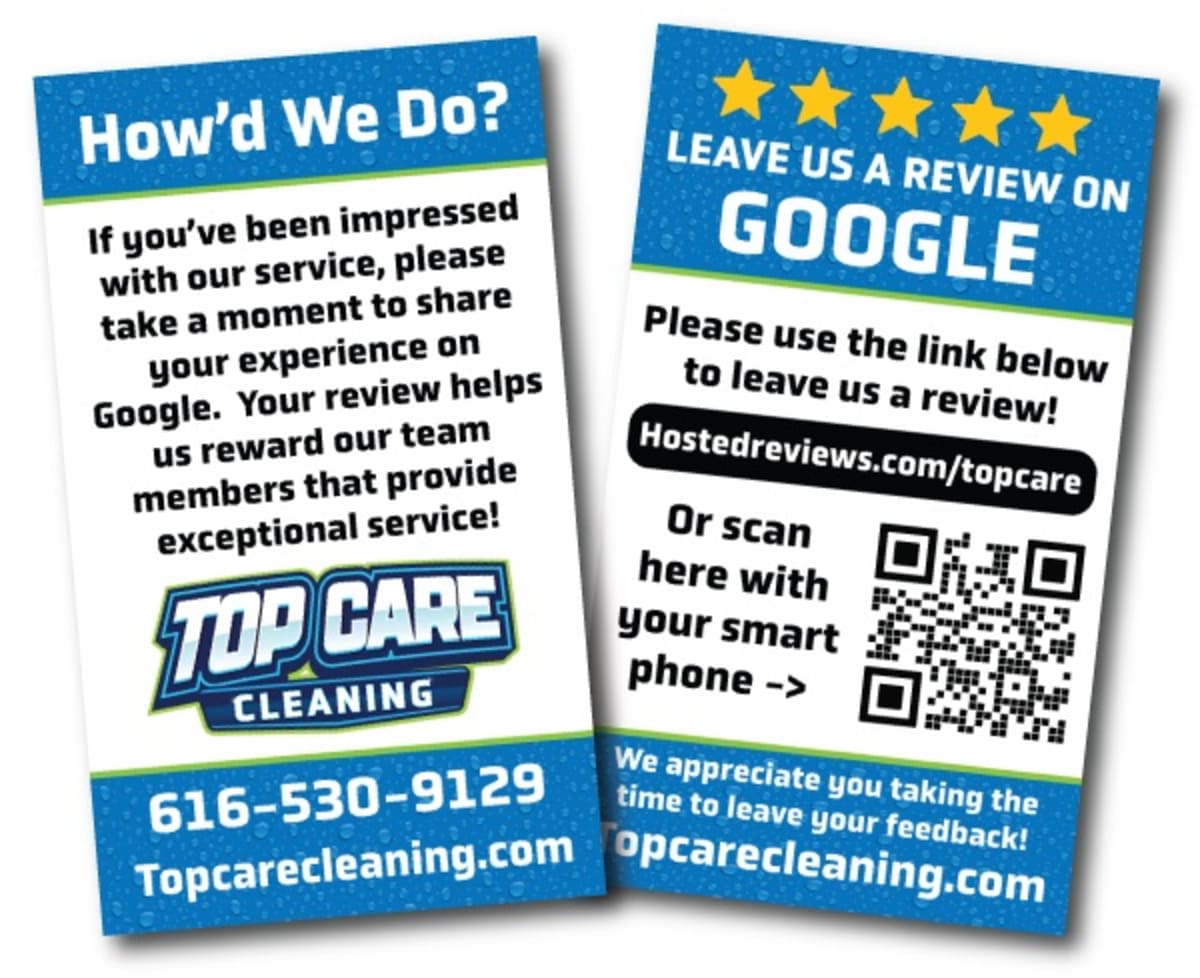 Branded Top Care Cleaning review card with QR code linking to Google review page