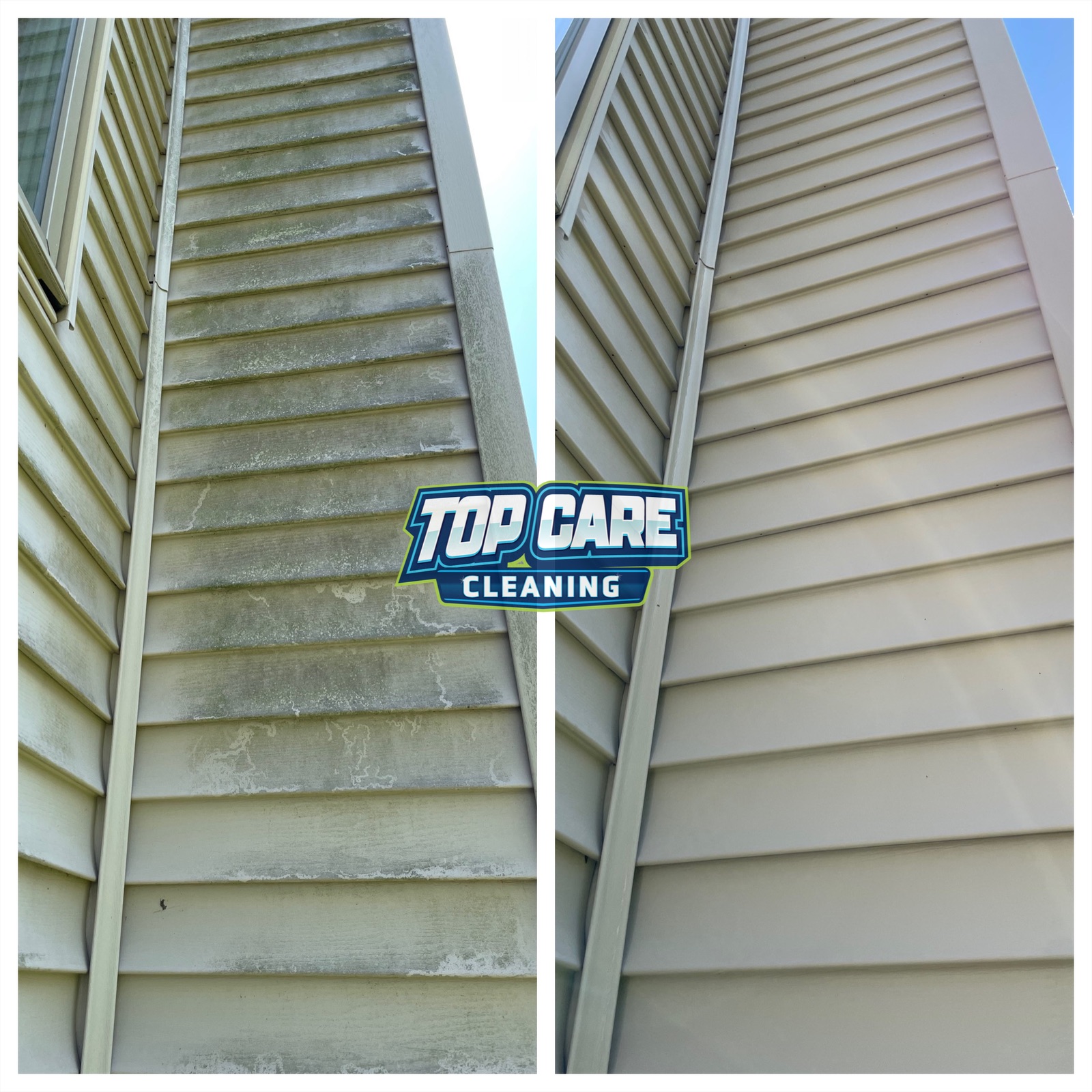 Top Care Cleaning tan house soft-wash before and after — Grand Rapids, MI