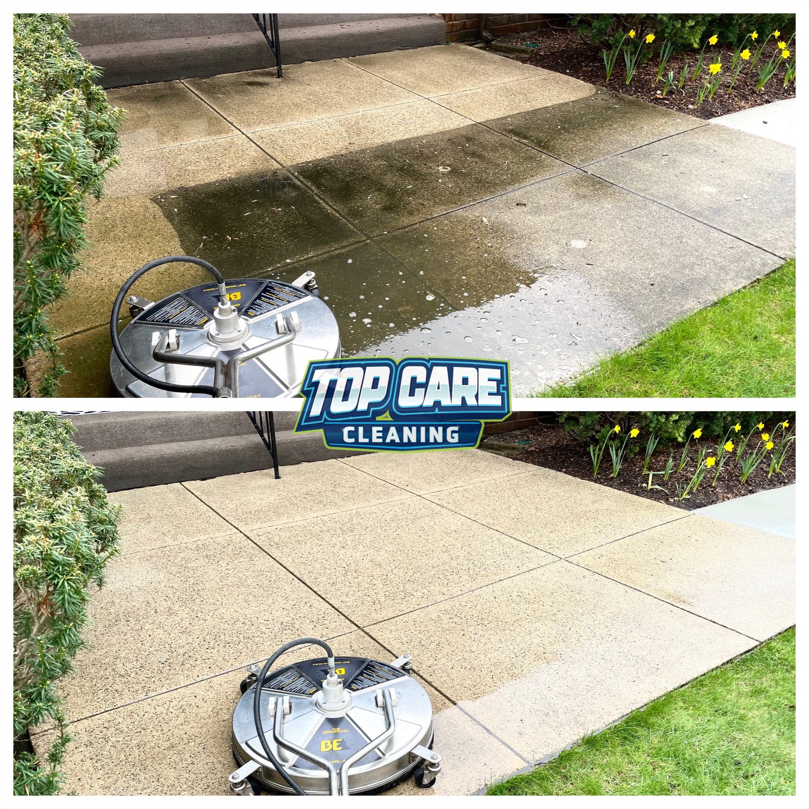 Top Care Cleaning concrete driveway side-by-side before and after — Grand Rapids, MI