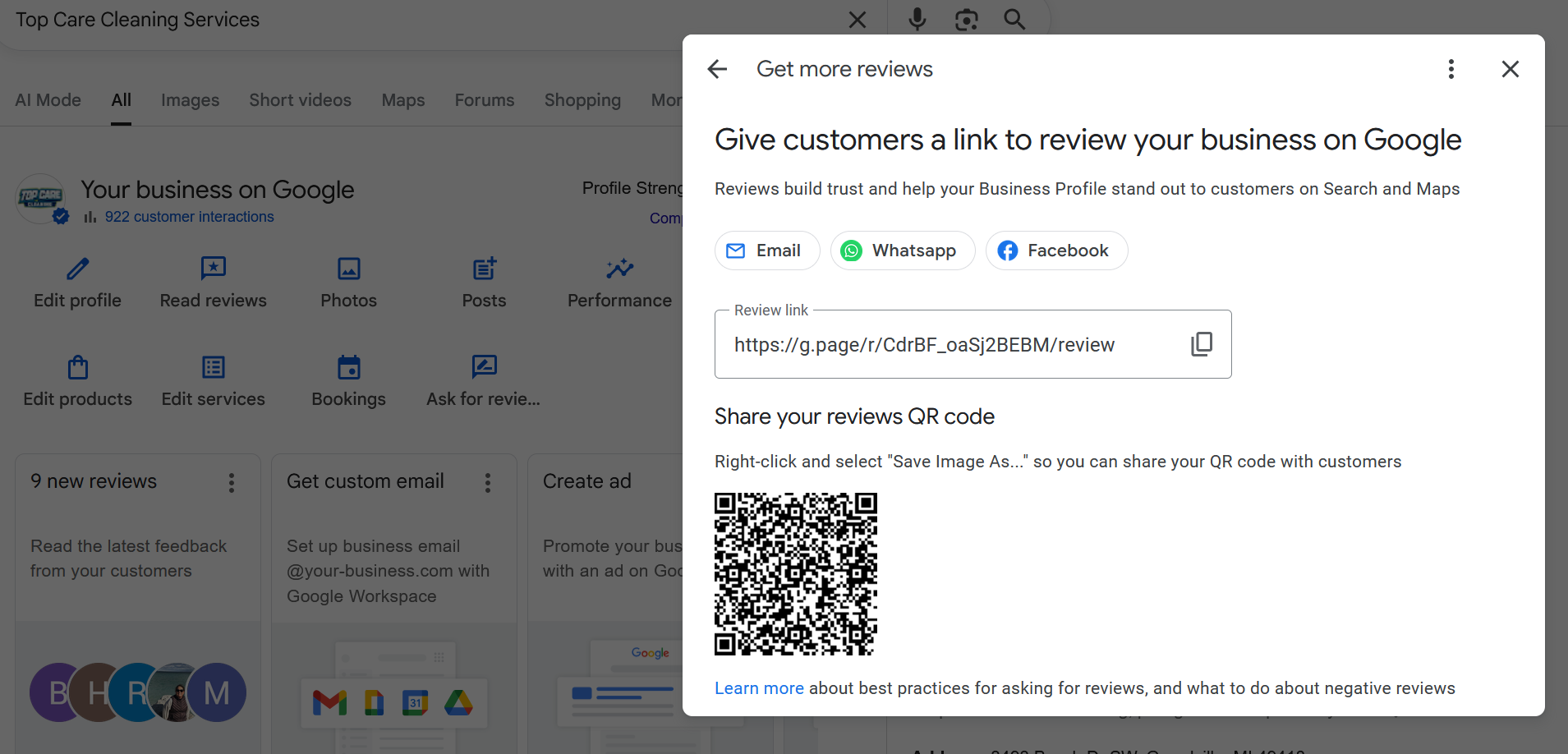 Top Care Cleaning Google Business Profile showing 400+ reviews and 4.9-star rating