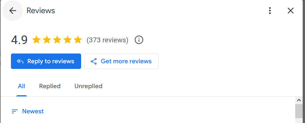 Top Care Cleaning GBP Reviews tab showing 4.9 stars and 373 reviews with the 'Get more reviews' button visible