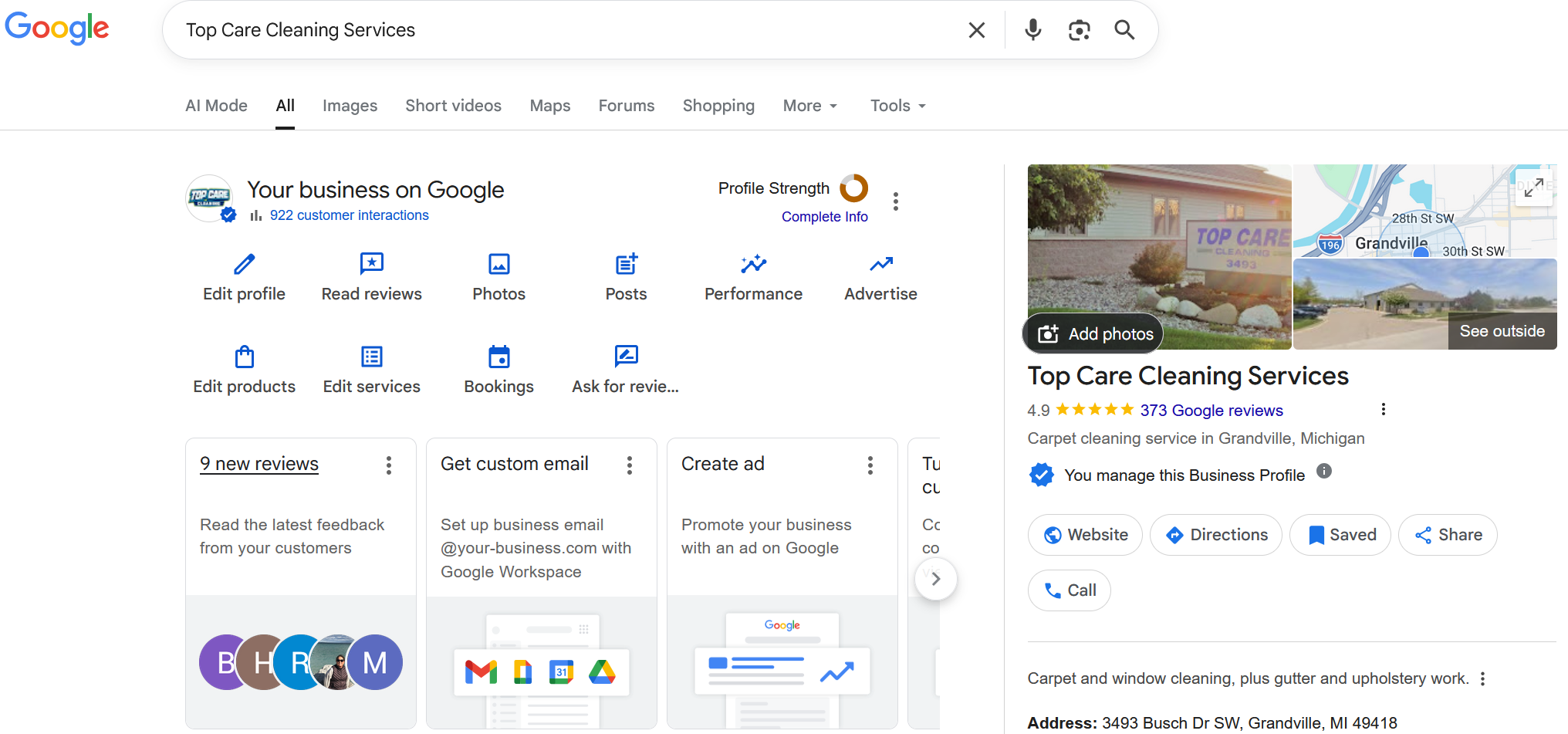 Top Care Cleaning SMS template shown in the Hosted Reviews dashboard — customer name and tech name merge tags visible