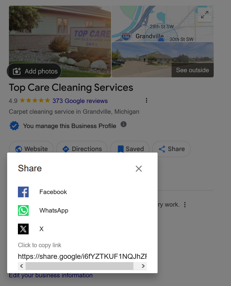 Top Care Cleaning GBP Share dialog showing the share.google short link format