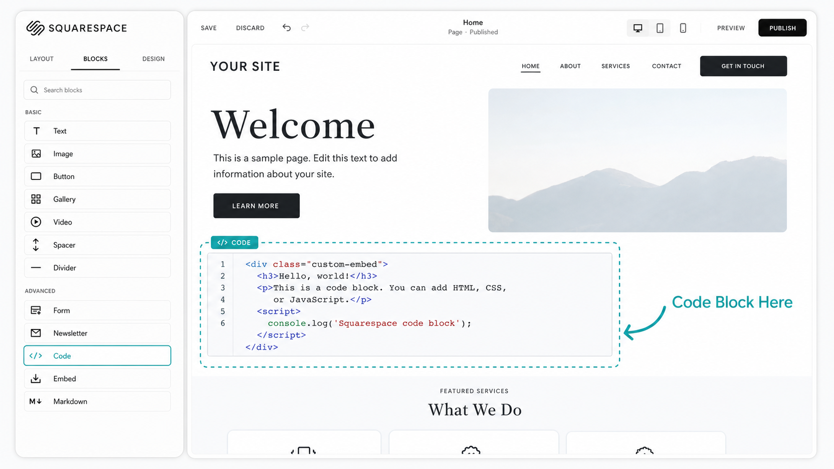 Squarespace code block placement showing Google review widget embed
