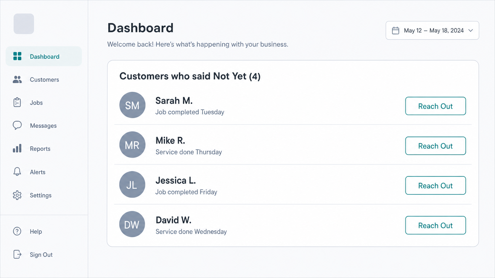 Top Care Cleaning Hosted Reviews dashboard showing yes/no tap data and no-path alert queue