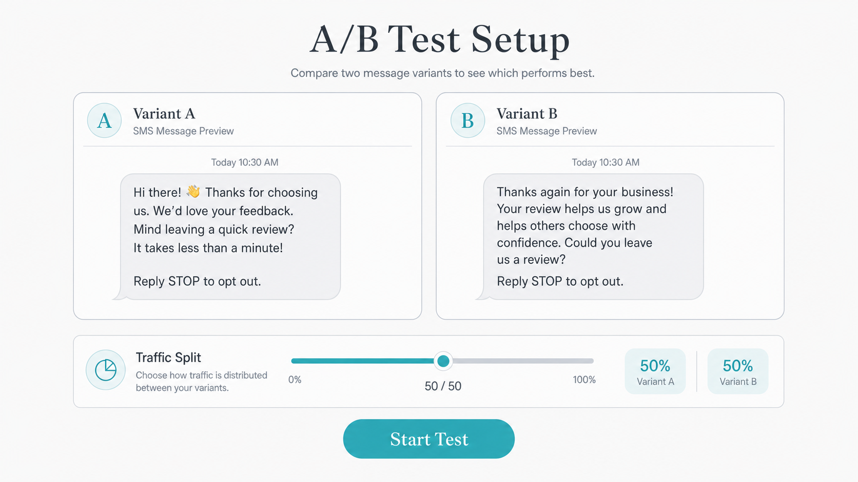Hosted Reviews A/B test configuration screen — two SMS template variants side by side