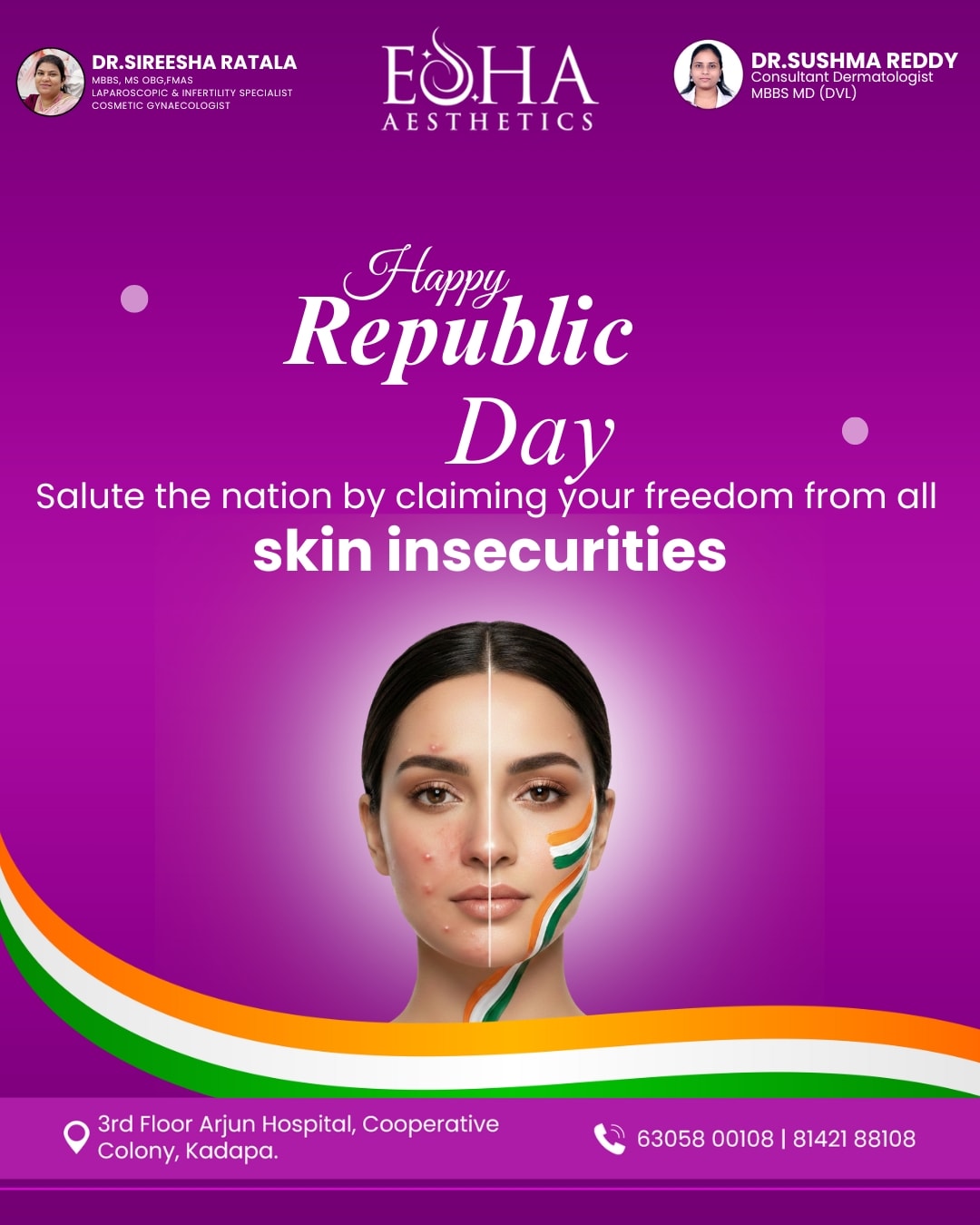 Republic Day skincare campaign poster designed for Esha Aesthetics clinic