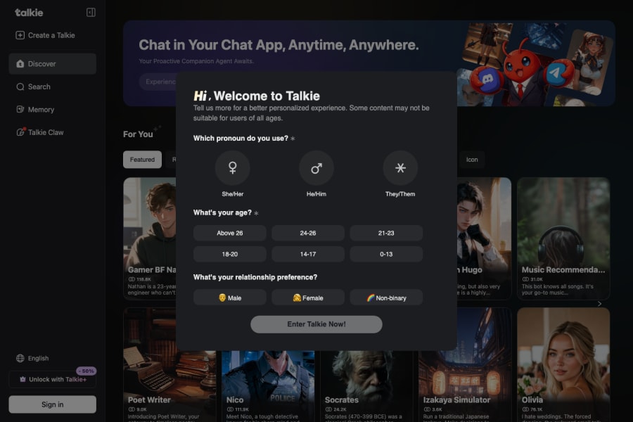 Talkie — NSFW AI tool screenshot