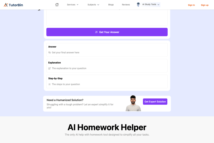 TutorBin AI Homework Helper — Text AI tool screenshot