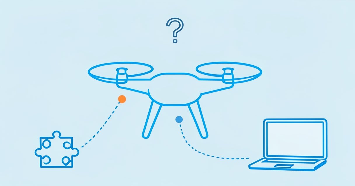 A hovering quadcopter with a question mark above it, linked to a coding puzzle piece and a laptop.